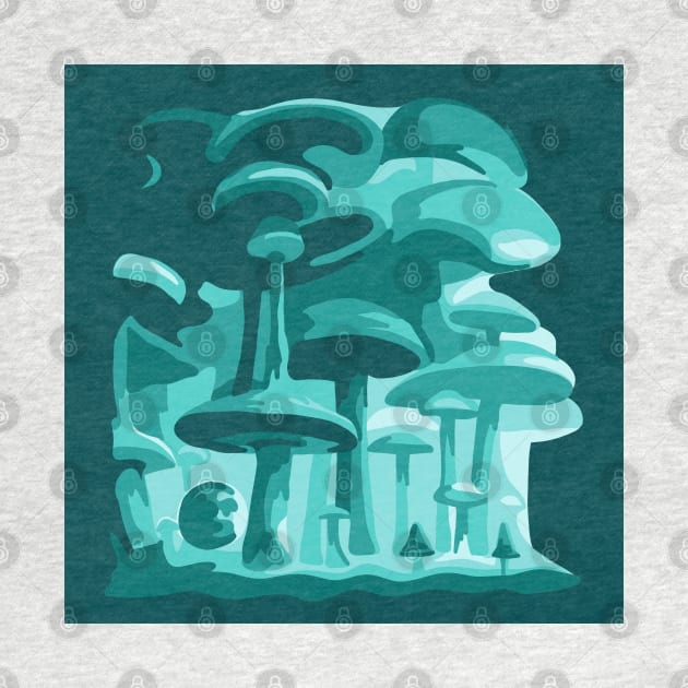 Psychedelic Teal Mushroom World by Slightly Unhinged